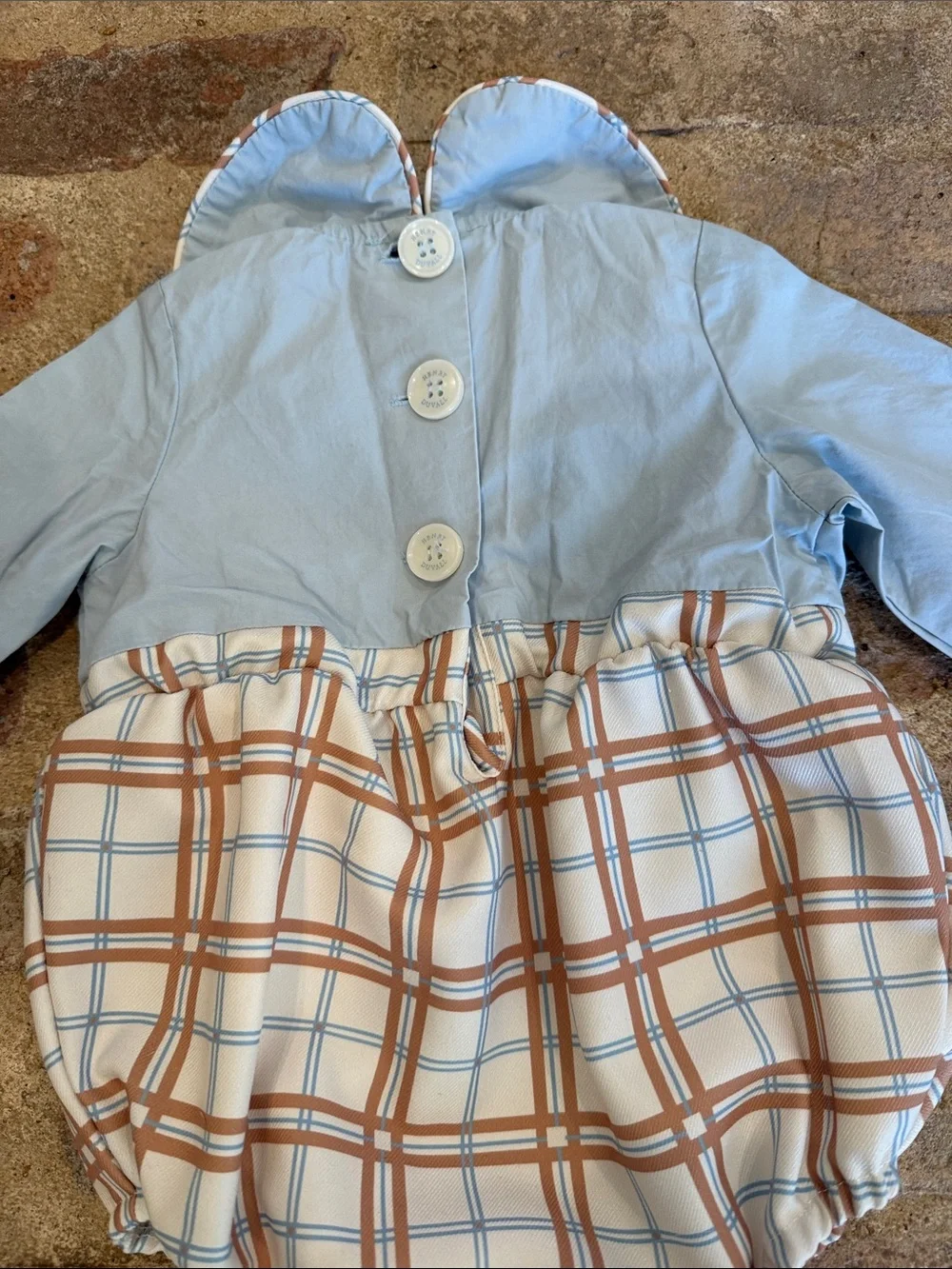 Long-Sleeve Baby Bubble Romper in Light Blue and Brown Plaid